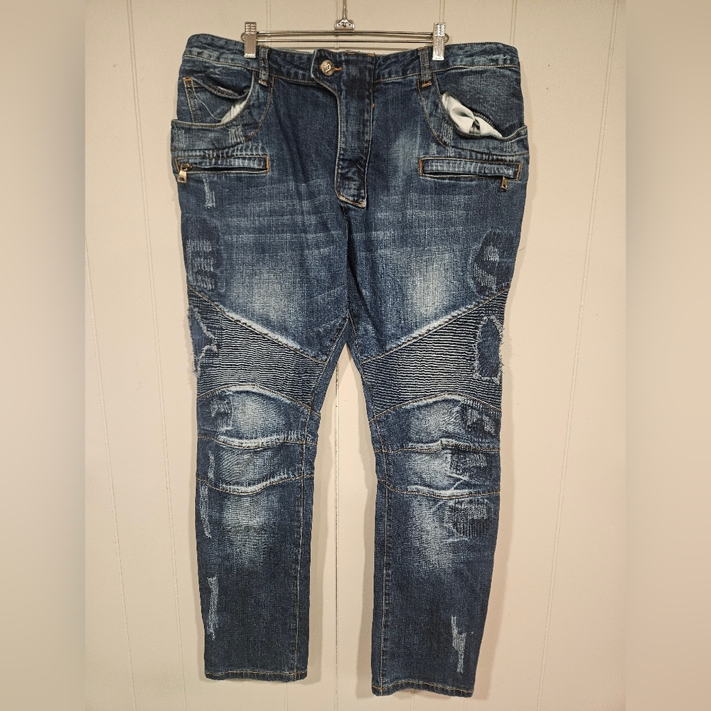 DAMATI Mens 38x32 Jeans Moto Distressed Ribbed Reinforced Knee Zip Back Pockets